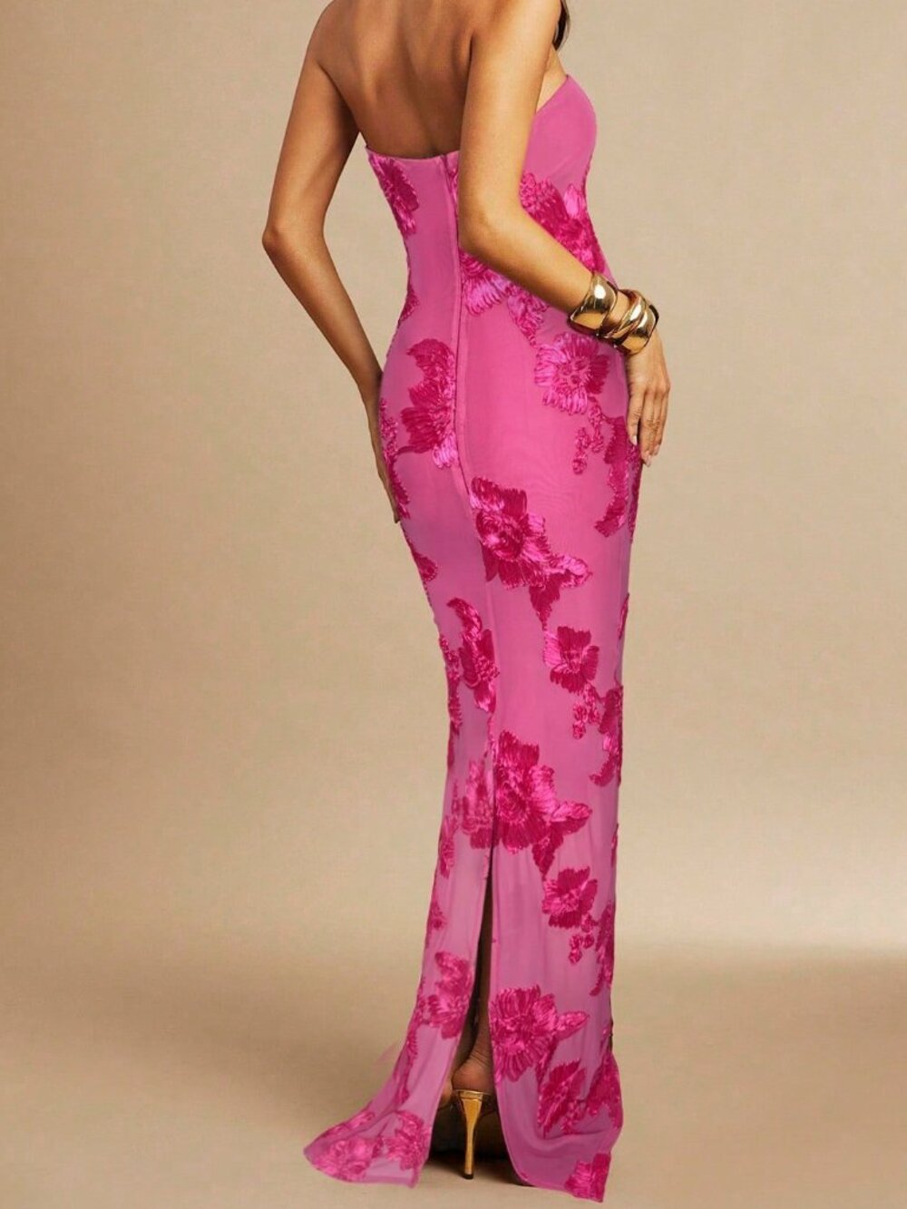 Hot Pink Party Women's 3d Floral Sexy Bodycon Strapless Dress - Picture 2 of 5